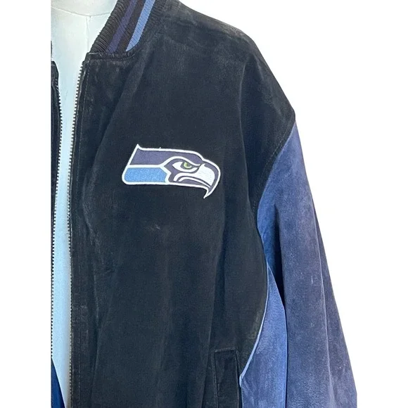 Vintage NFL Seattle Seahawks Jacket Suede Leather Bomber Full Zip Mens XL - Picture 3 of 13